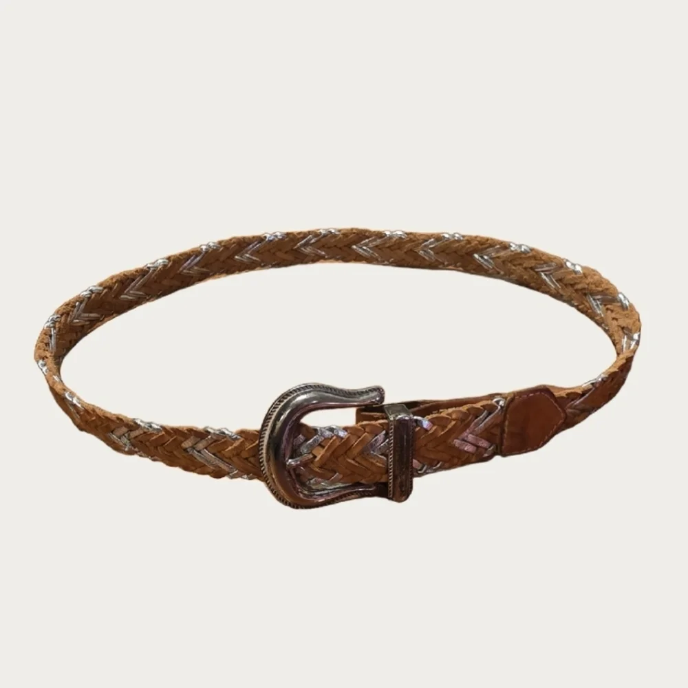 Vintage Liz Claiborne Woven Tan & Silver Leather Belt with Silver Tone Buckle M
